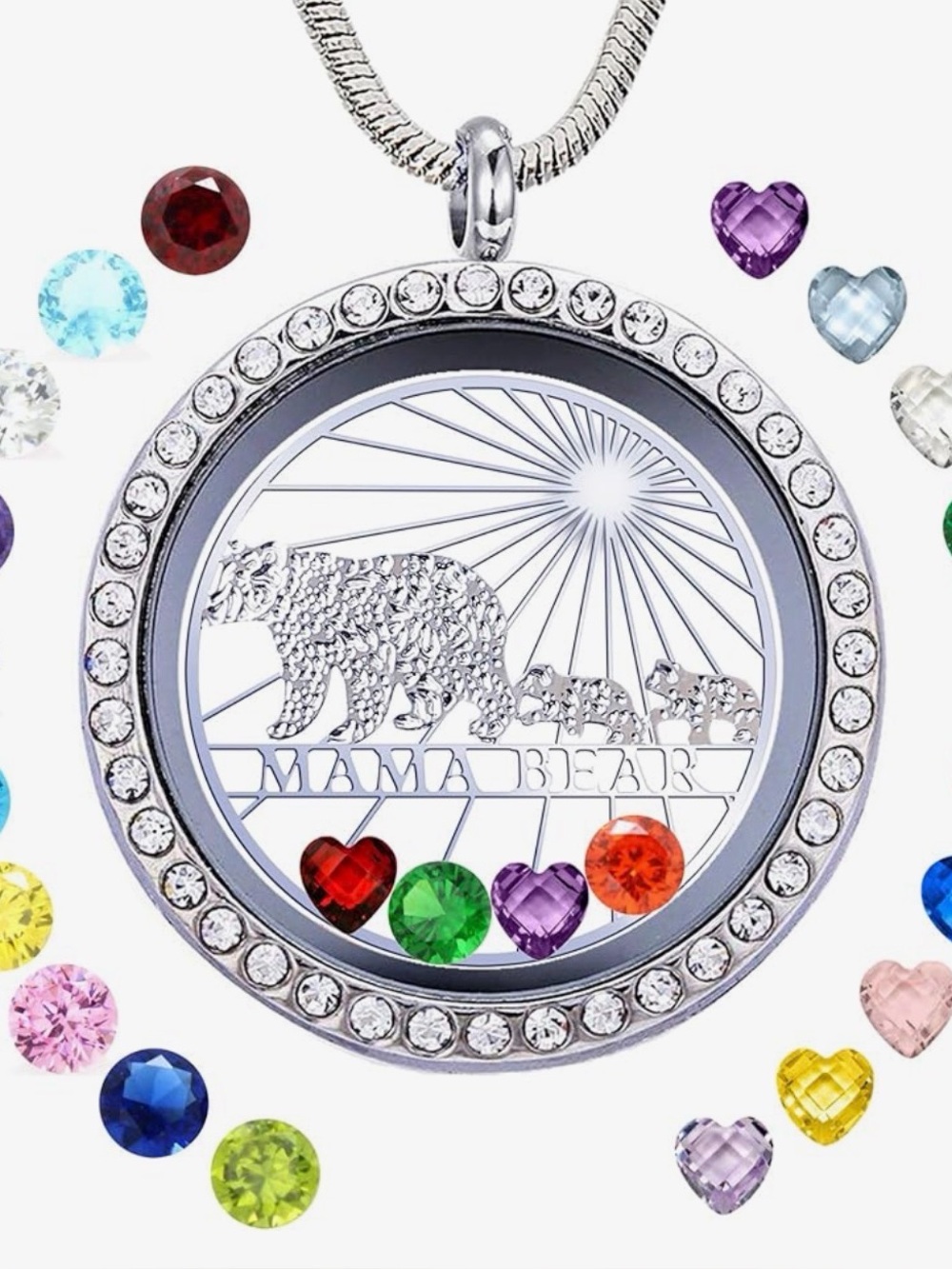 Mama Bear Silver Locket Necklace with Birthstone Add ins
